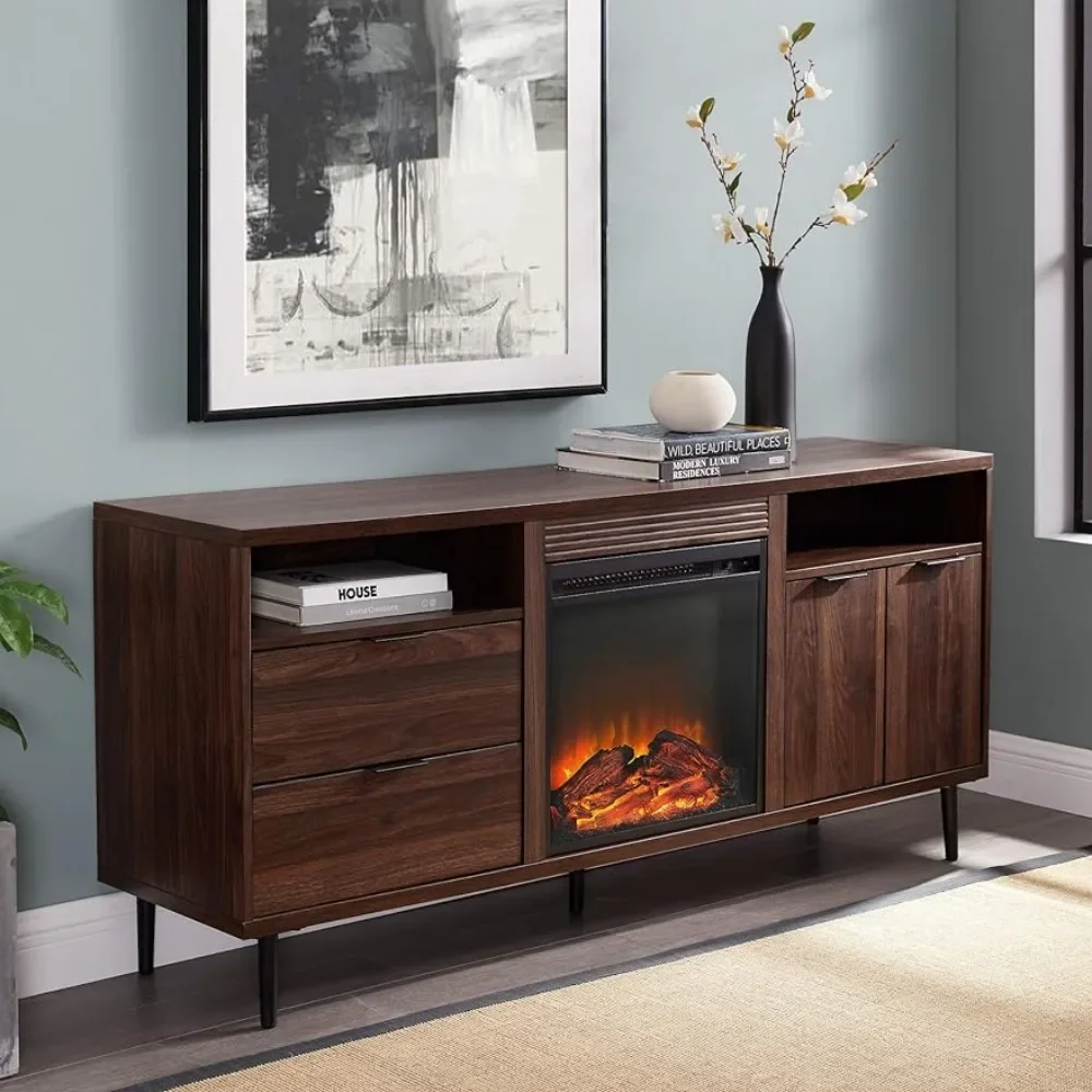 

Wood Fireplace TV Stand with Cabinet Doors and Drawers for TV's up to 65" Flat Screen Universal TV Console, 60 Inch, Dark Walnut