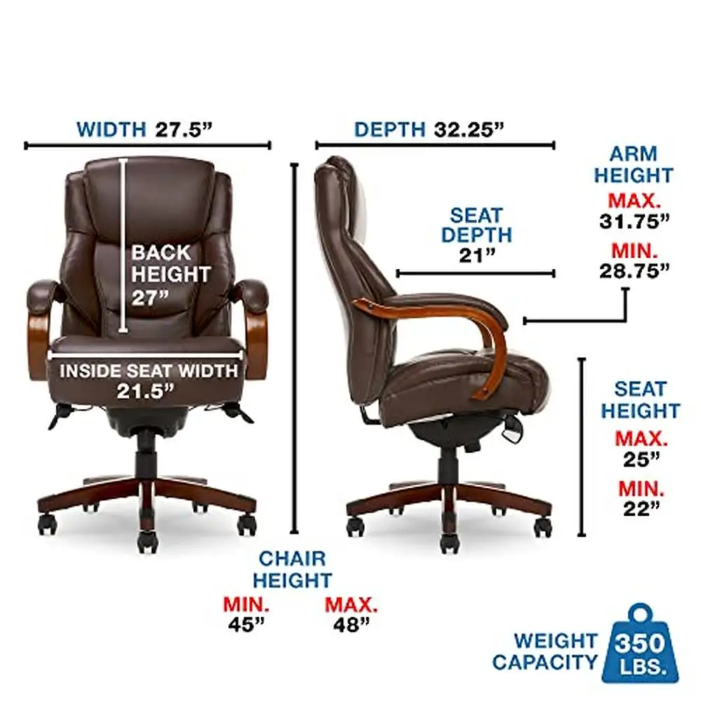 Executive Office Chair High Back Ergonomic Lumbar Support Memory Foam Brown Bonded Leather Big & Tall Design Wood Frame Sturdy & 2