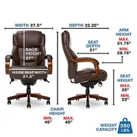 Executive Office Chair High Back Ergonomic Lumbar Support Memory Foam Brown Bonded Leather Big & Tall Design Wood Frame Sturdy & 2