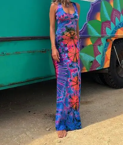 

Elegant Party Dresses for Women 2023 Summer New Casual Fashion Sexy Colorful Print Strap U Neck Open Back Cross Dress Vacation