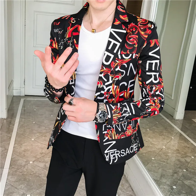 Spring and Autumn Men Suit New Product Fashion Trendy Men's Letter Printed Small Suit Floral Men's Casual Clothing