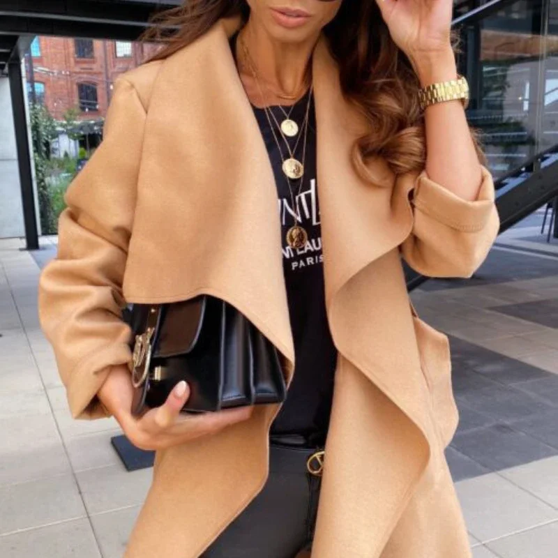2024 Fashion European and American Autumn and Winter Solid Color Lapel Long-sleeved Tie Cardigan Woolen Coat Women's Clothing