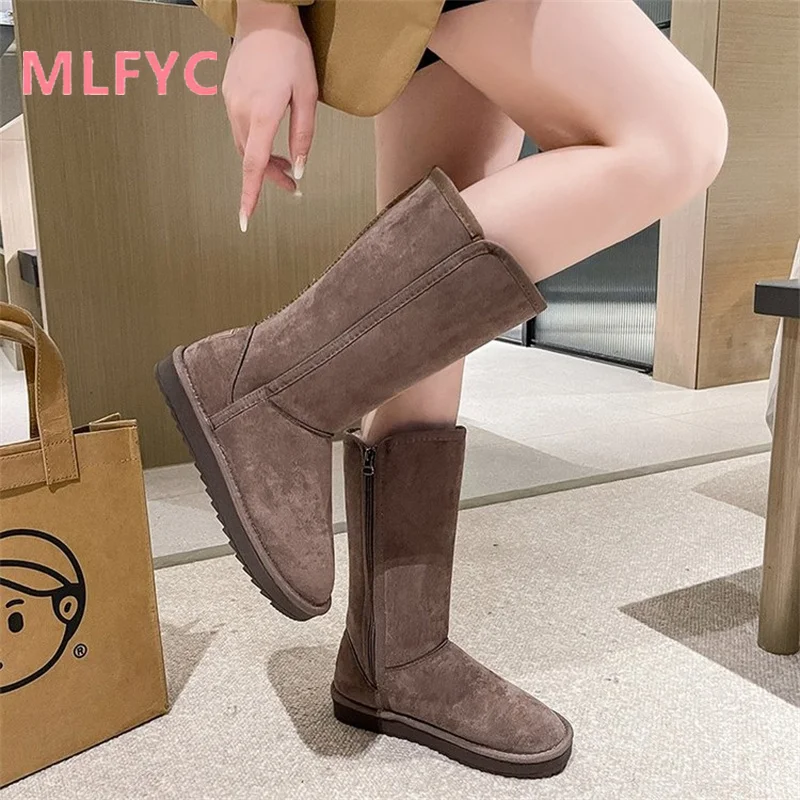 Long tube side zippered snow boots women high tube plush round toe thick soled cotton shoes winter oversized snow cotton shoes