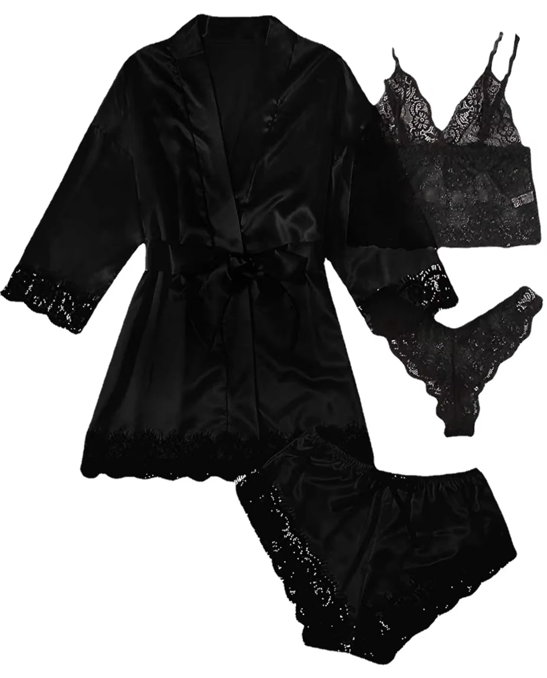 2025New Women's Pajama Fashion 4-piece Set Lace Satin Strap Sexy Pajama Set Dress Skin friendly Comfortable Casual Pajama Skirt