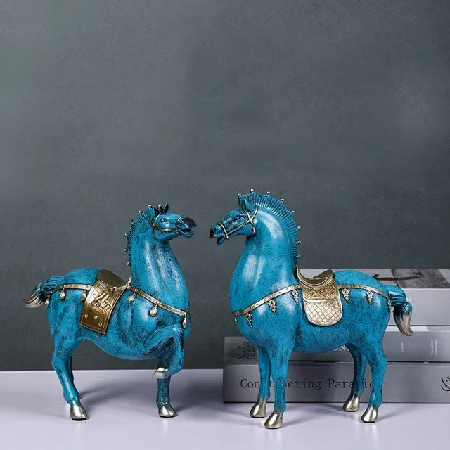 

Chinese Blue Warriors Horse Resin Sculpture Office Bookcase Furnishing Decoration Home Livingroom Desktop Figurines Accessories