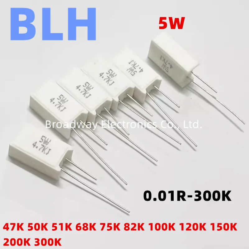 Cement Resistor 10PCS Vertical Cement Resistance SQM 5W 5% 47K 50K 51K 68K 75K 82K 100K 120K 150K 200K 300K ohm Ceramic resistor