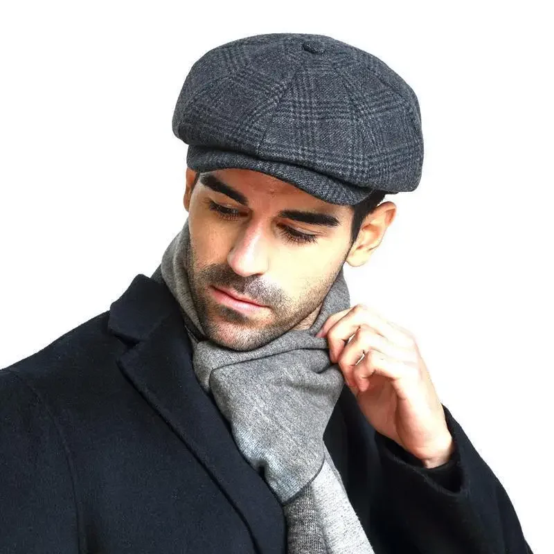 Mens Flat Cap Gatsby Tweed Black Peak Hat Herringbone Newsboy Cap M-XXL 3