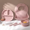 5Pcs Baby Silicone Feeding Set Round Dining Plate Sucker Bowl Dishes For Kids Waterproof Bib Children's Tableware Straw Cup 3