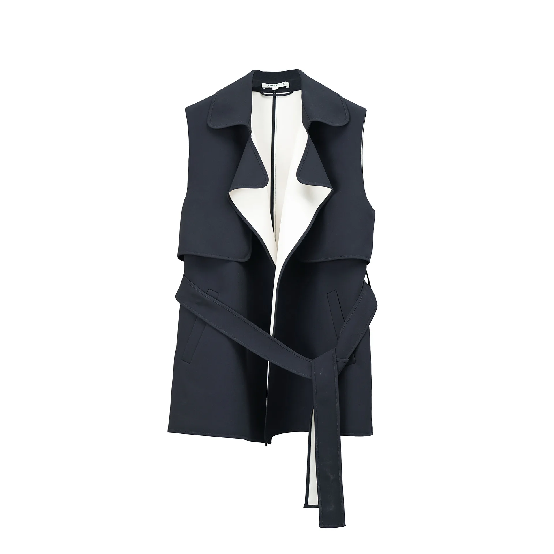 

Elegant Waistcoat WOmen 2023 Autumn Contrasting Color Suit Collar Waist Belt Slim Sleeveless Coat Mid length Female Black Vest