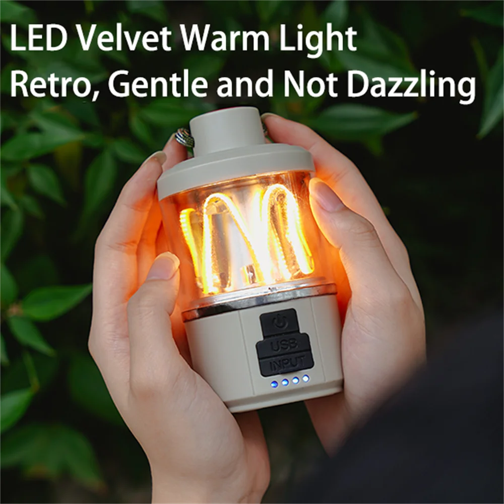 

Уличная лампа для кемпинга, длительный срок службы батареи, тёплая фотолампа, освещение для палатки, перезаряжаемая многофункциональная ретро-лампа из вольфрама