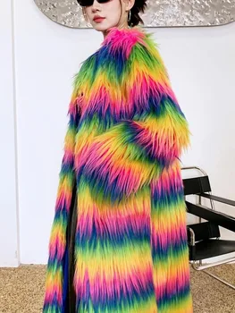 ZADORIN Fashion Long Fluffy Faux Sheep Fur Coat Women Winter Rainbow Color Faux Fur Jacket for Women Outerwears Trench Fur Coats 2