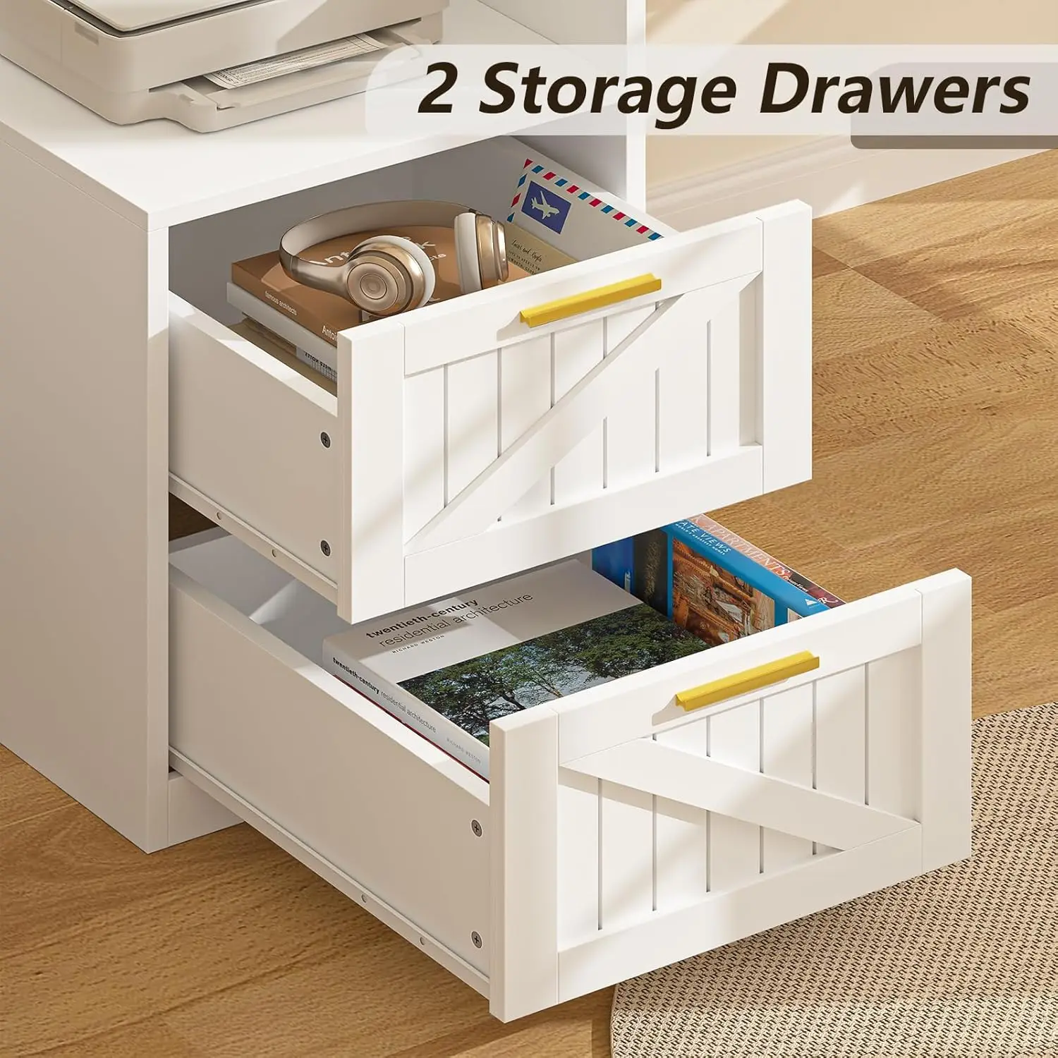 63" Farmhouse L Shaped Executive Desk with Drawers & Storage Shelf, Corner Computer Desk with Power Outlets