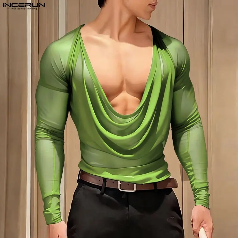INCERUN Männer T Shirt Mesh Sehen Durch Sexy Langarm Casual Männlichen T Tops Party Nachtclub Streetwear Fashion Männer Kleidung S-5XL – Detail 5