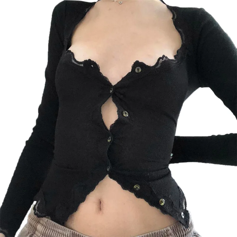 Coquette Shirt y2k Clothes Women Solid Color Lace Trim Single Breasted Long Sleeve Blouse Fairycore Clothing Streetwear