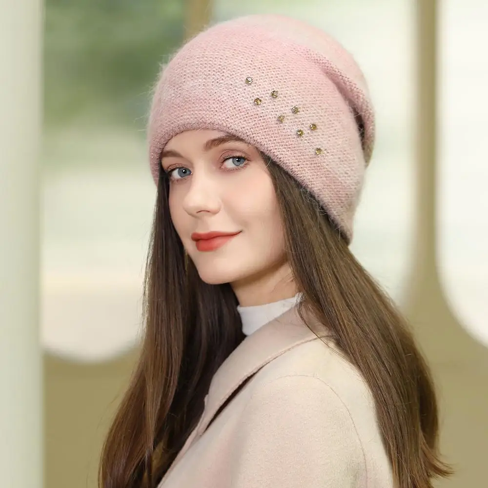 New Women Rabbit Fur Gradient Winter Hat Fashion Decorate Beanie Hat Warm Winter Cap For Female Casual Streetwear Knitted Hat