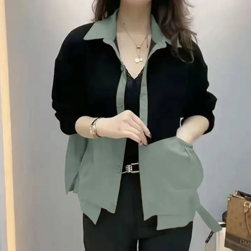 Elegant Fashion Harajuku Slim Fit Female Clothes Loose Casual All Match Outerwear Patchwork Button Cardigan Long Sleeve Tops