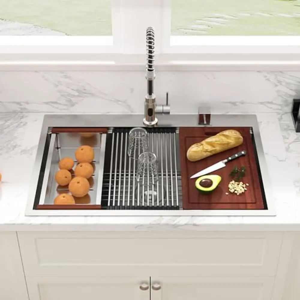 Stainless Steel 33x22 Drop In Kitchen Sink Workstation 16 Gauge Single Bowl Fast Drain Deep Over Counter Includes Cutting Board 3