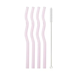 Eco - Friendly Colorful Wavy Reusable Glass Drinking Straws Set - 5 Piece Collection (Pink)