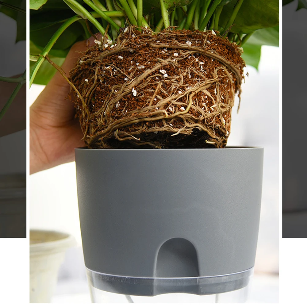 Transparent Double Layer Self Watering Pots with Injection Port Flower Pots Cotton Rope Self Watering Planter for Indoor Plants