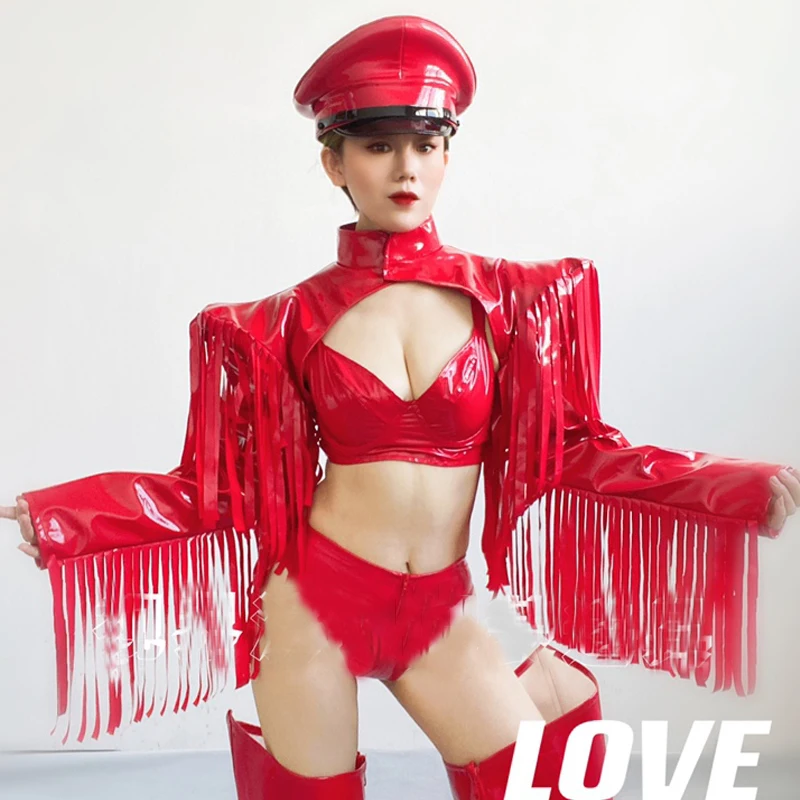 

Red Exaggerated Flying Tassels Shoulder Red Leather Fringe Waistcoat Hat Gogo Dance Costume Pole Dance Festival Outfit XS3767