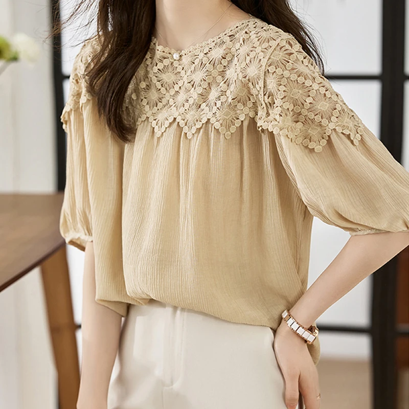 

Женская кружевная блузка с коротким рукавом, элегантная ажурная Свободная Повседневная Блузка с круглым вырезом, модель 2023 в Корейском стиле на лето, 27364