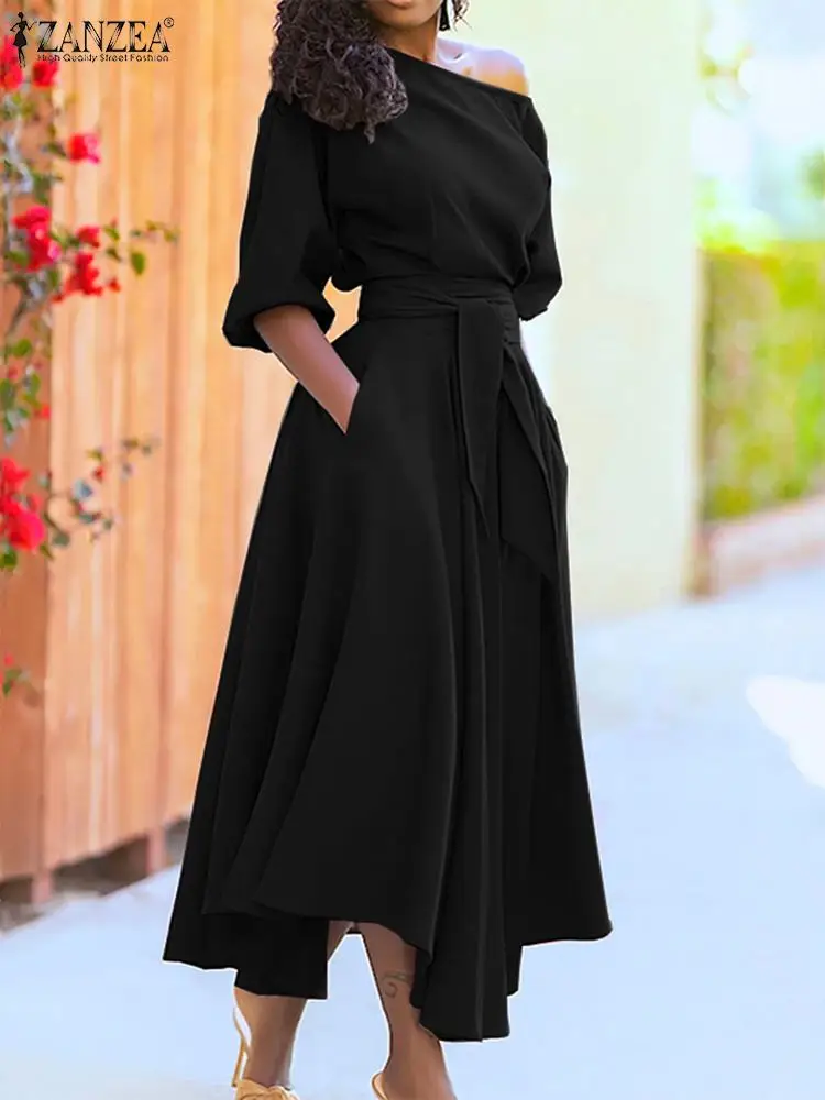 

Женское длинное платье ZANZEA, Повседневное платье с открытыми плечами и поясом, элегантное платье макси с рукавом 3/4, осенние модные платья с карманами, 2023