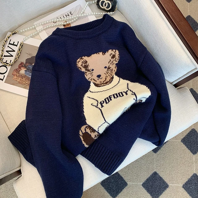 Bear Jacquard Cartoon Sweater Women Navy Blue Vintage Casual Fashion Loose  Pullover Jumpers Long Sleeve O-neck Chic Tops 2023 - AliExpress