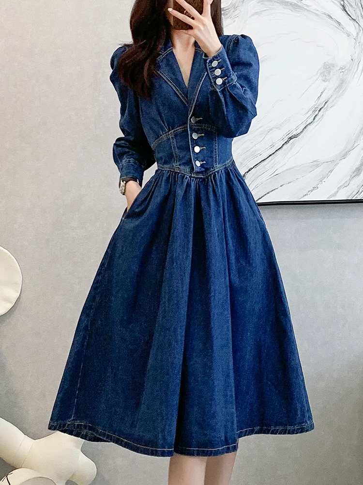 

Vintage Temperament V-neck Denim Dress Female Elastic Waist Slim Dress Long Sleeve Notched Collar Bishop Sleeve Dresses Women