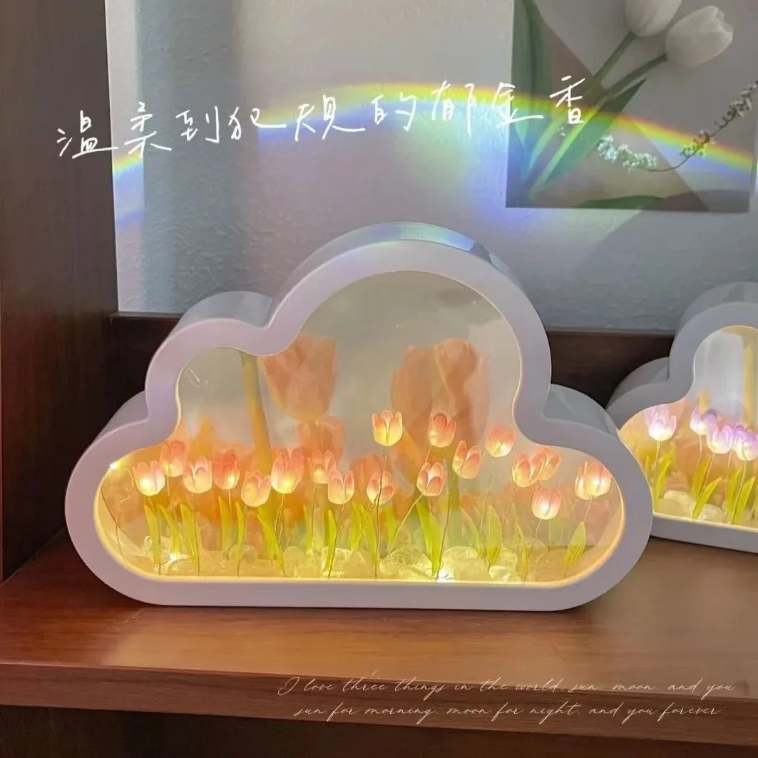 Handmade Diy Cloud Tulip Desktop Mirror Flower Sea Night Light Luminous Ornament Creative Gift Chinese Valentine\'s Day Gift