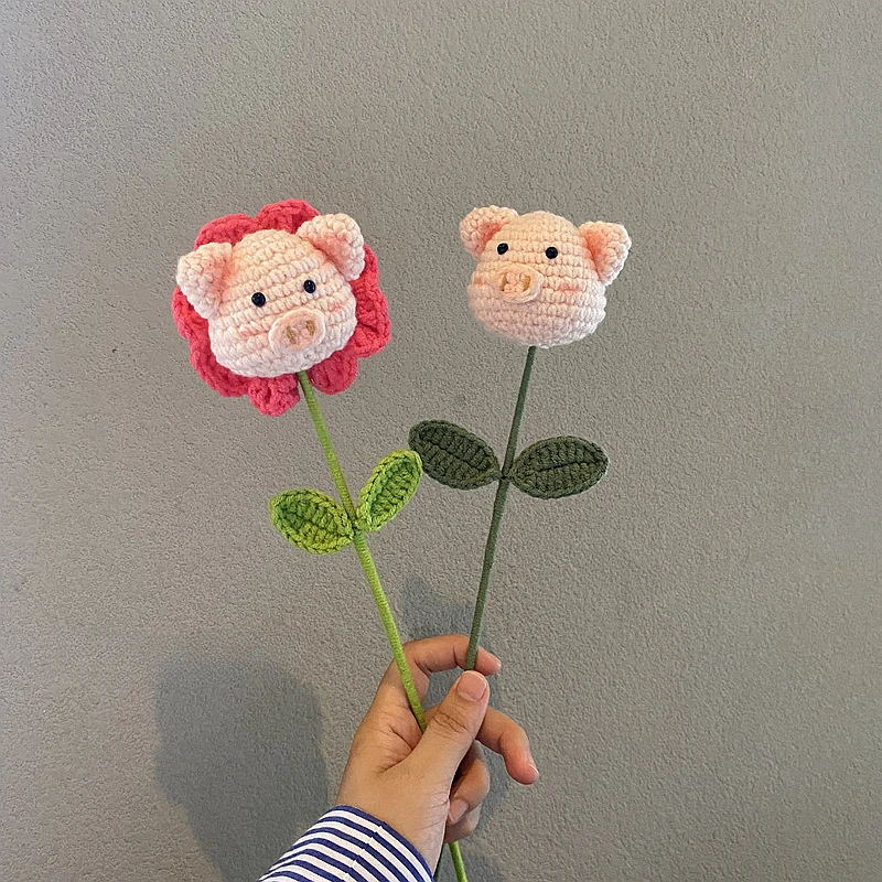 

Pig Crochet Flower Cute Artificial Flowers DIY Valentine's Day Gifts Kawaii Knitted Bouquet Homemade Crochet Flower Decor 꽃다발