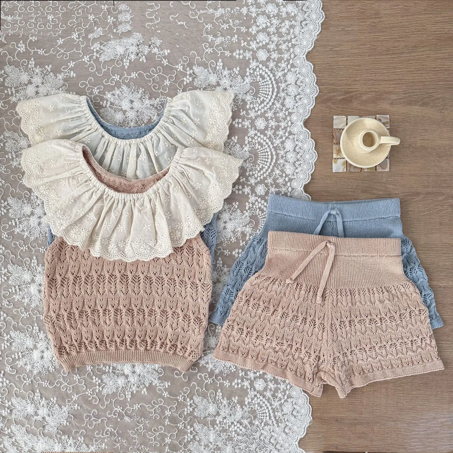 Description Picture 6 of itemBaby Knitted Clothes 2025 Summer Girls Hollow Knit Vest Cotton Lotus Leaf Embroidered Lace Vest or Short Pant