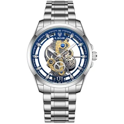 LIGE Luxury Gold Skeleton Quartz Men's Watch - Retro Design (Silver blue)