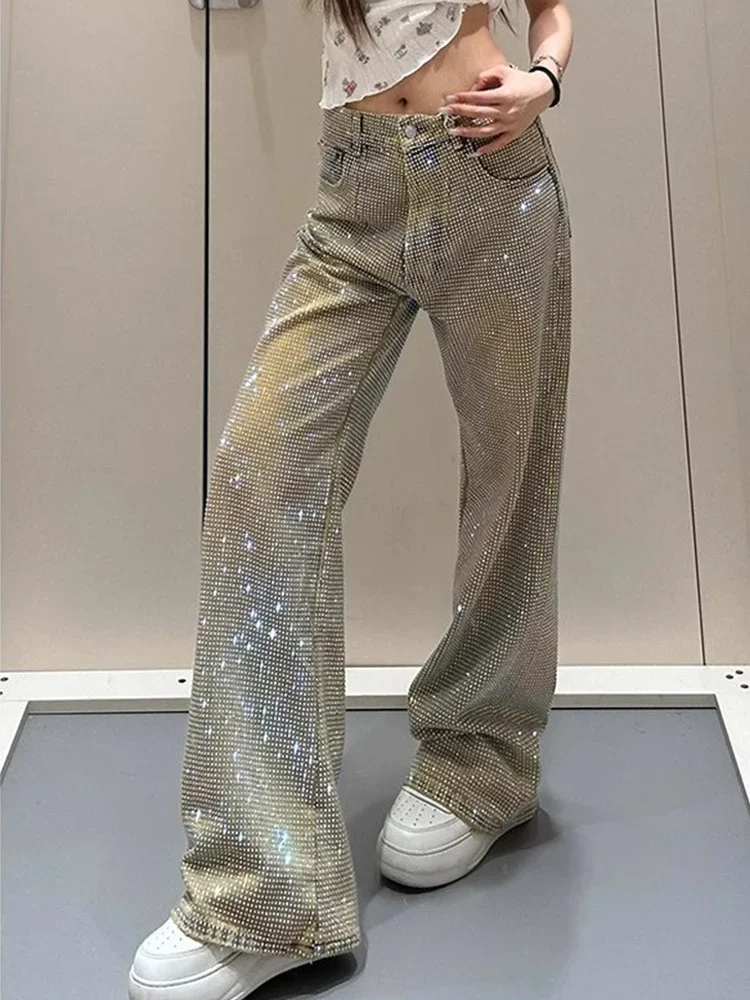 Y2K Women Diamond Jeans Spicy Girl Design Summer Spring New Style Personality Star Print Niche Straight Leg Long Pants 5