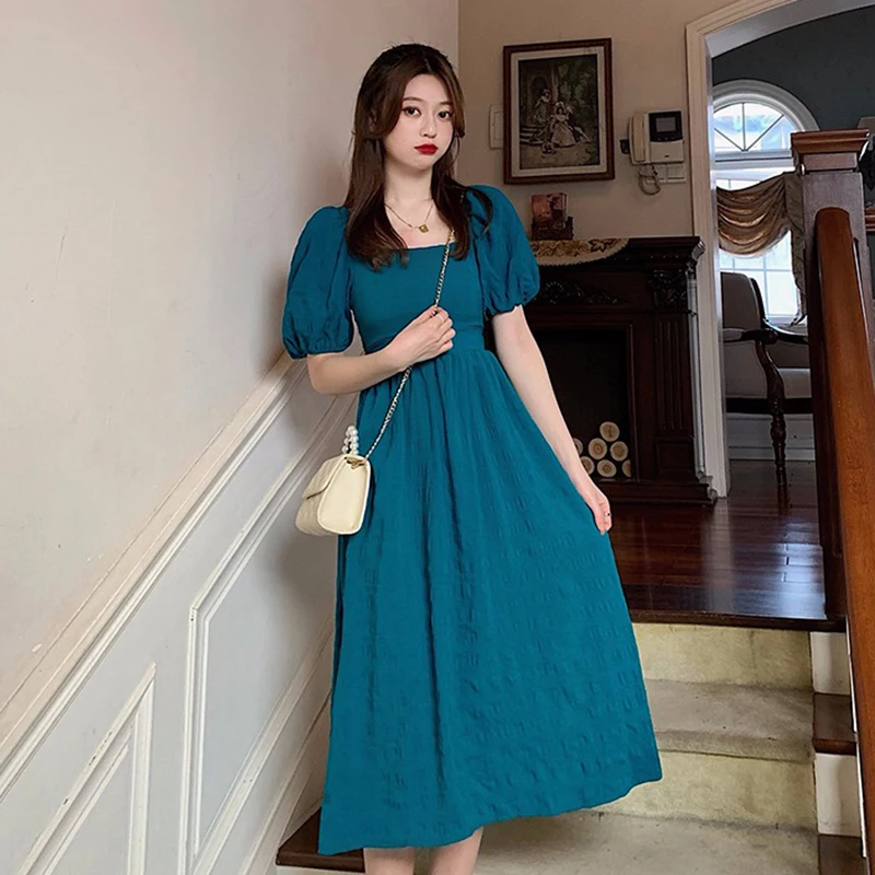 

New Square Collar Solid Dresses Women 2023Summer Korean backless Dress Female Zipper Bubble Sleeve Casual Elegant Party Vestidos
