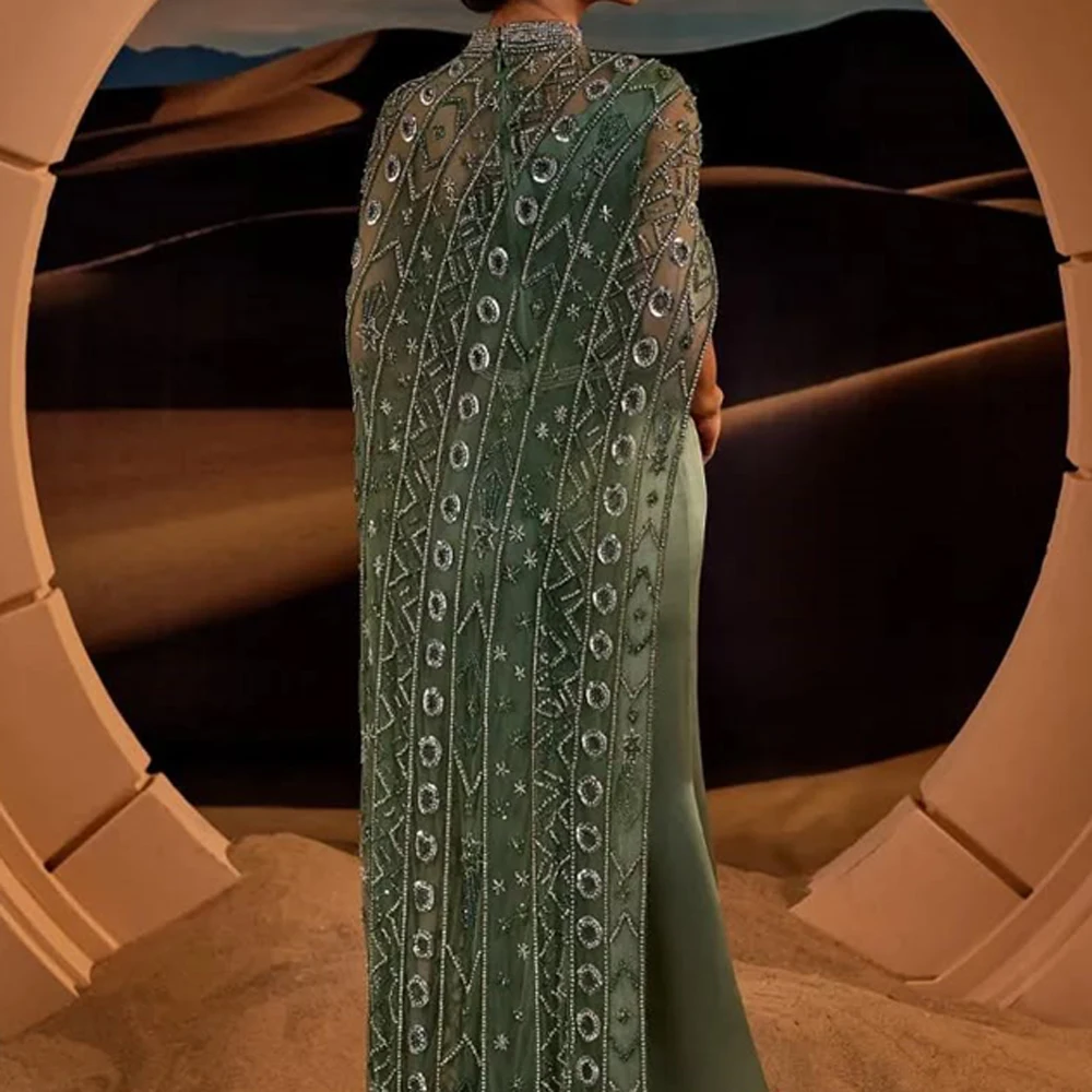 Cape Sleeves Mermaid Satin Evening Dresses Luxury Beading High Neck Sequin Arabic Formal Wedding Party Prom Gown Customized 4