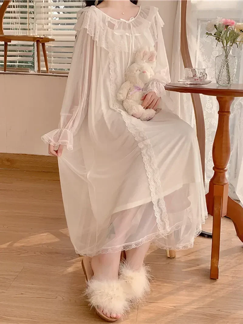 

Сетчатая Ночная рубашка в стиле "Лолита", винтажная ночная рубашка с оборками, одежда для сна, Женская кружевная ночная рубашка в викторианском стиле принцессы, белая фея одежда для отдыха