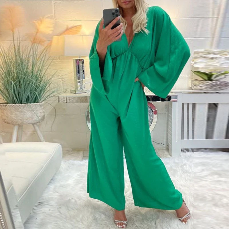 

Lady Elegant V-Neck Backless Long Jumpsuit New Spring Autumn Bat Sleeve Loose Jumper One Piece Street 2023 Women Solid Overall