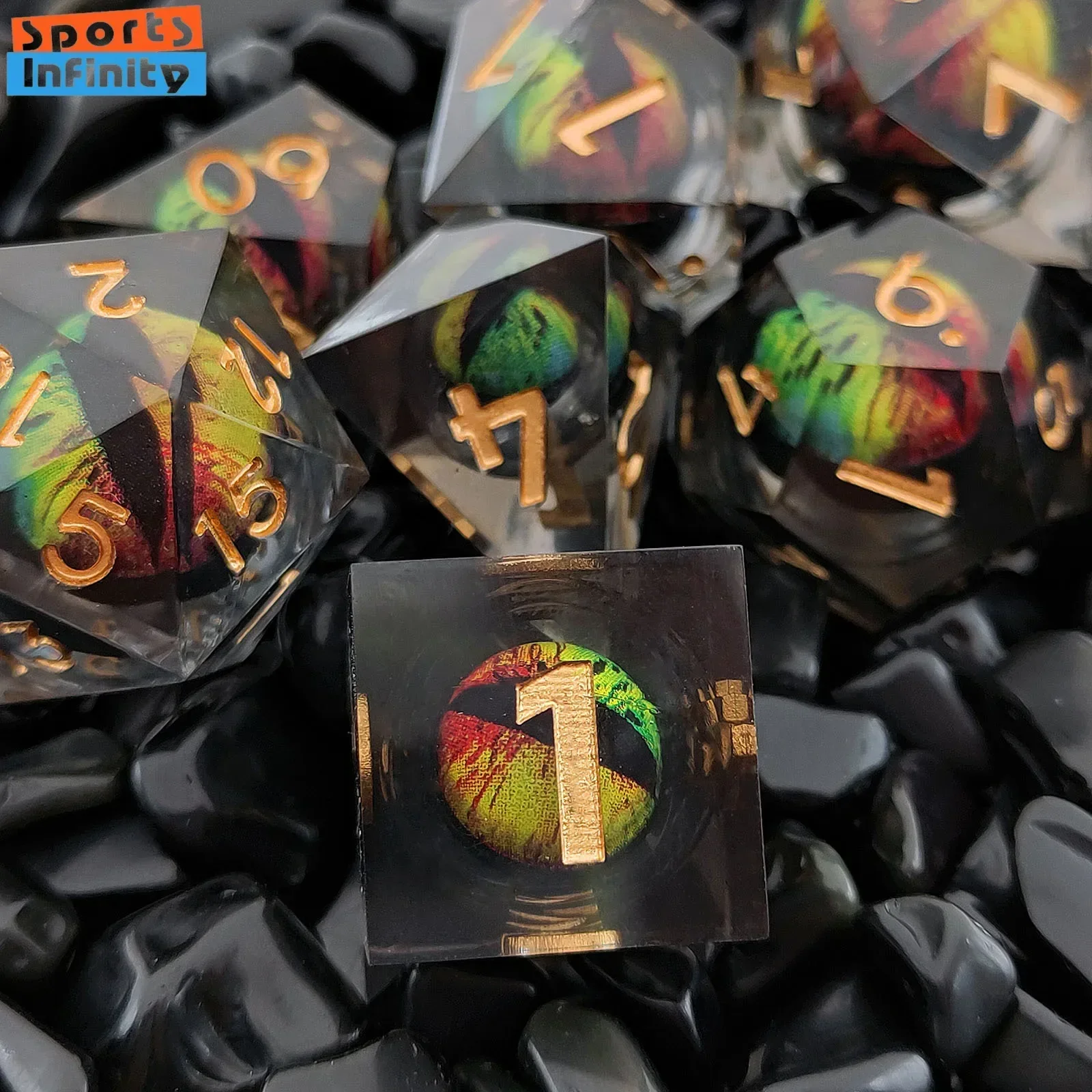 

7Pcs of Nice Dragon Eyes Resin Quicksand Dice Liquid Core Dice Set for DND TRPG Running Team Cthulhu Board Game Number Dice Kit