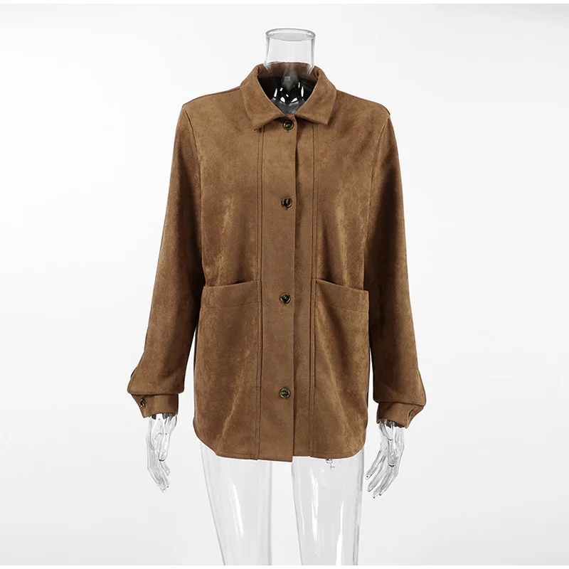 Casual Suede Long Sleeve Jackets Women Autumn Loose Brown Lapel Coat Top With Pockets Female Elegant Chic Street New in Outwear