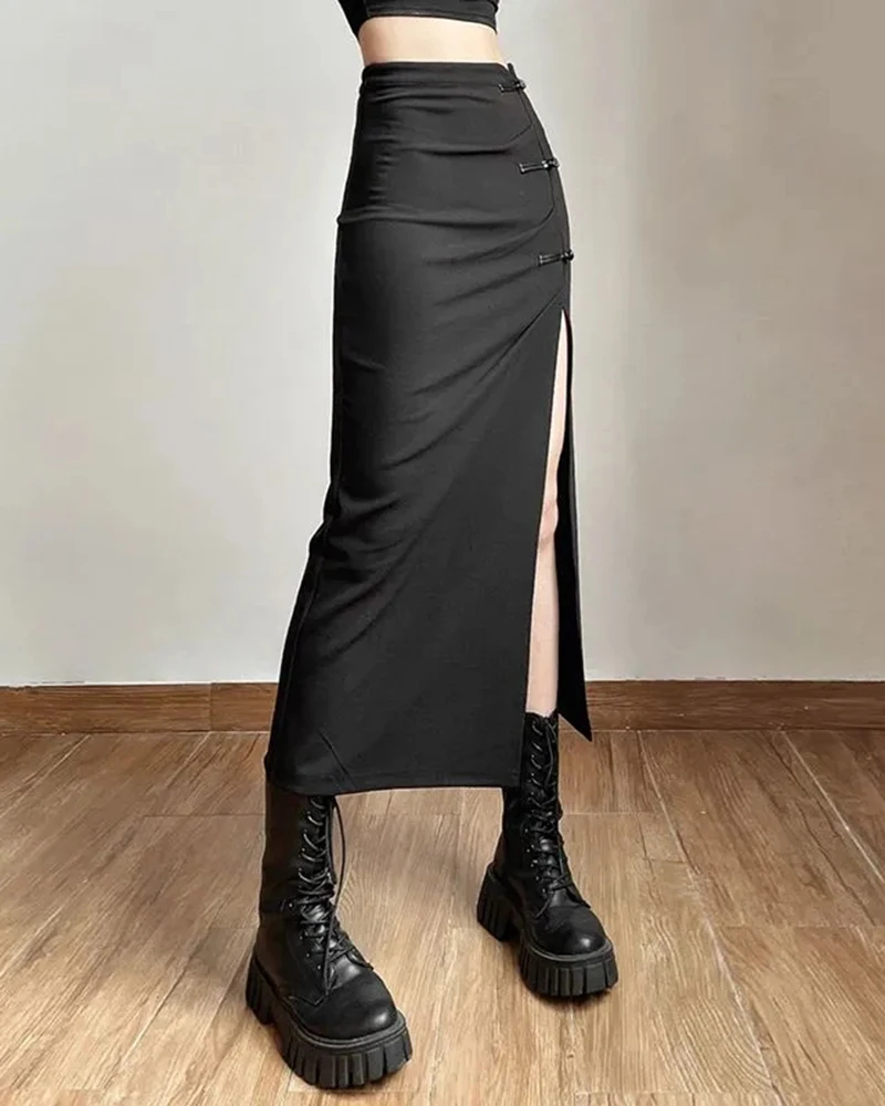 Y2K Black Sexy Split midi Skirts summer Casual Korean Slim a line skirts Gothic high waist streetwear All Match skirts
