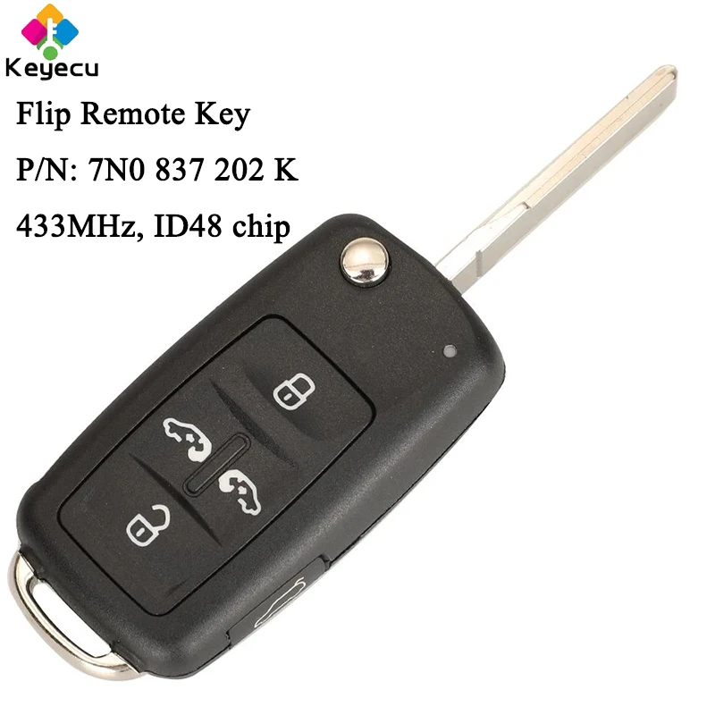 

KEYECU Flip Remote Car Key With 4+1 5 Buttons 433MHz ID48 Chip for Volkswangen Multivan Sharan 2011-2016 Fob P/N: 7N0 837 202 К