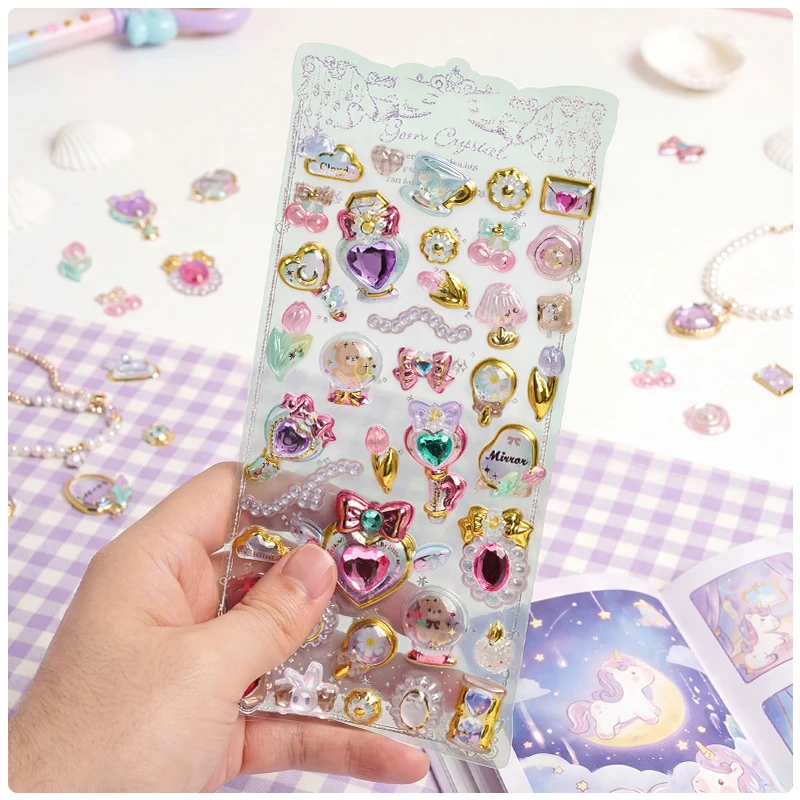 1pc/4pcs Kawaii 섬세한 3D 릴리프 스티커 보석 금박 스티커 스크랩북 Diy 저널 문구 스티커 데코 학교