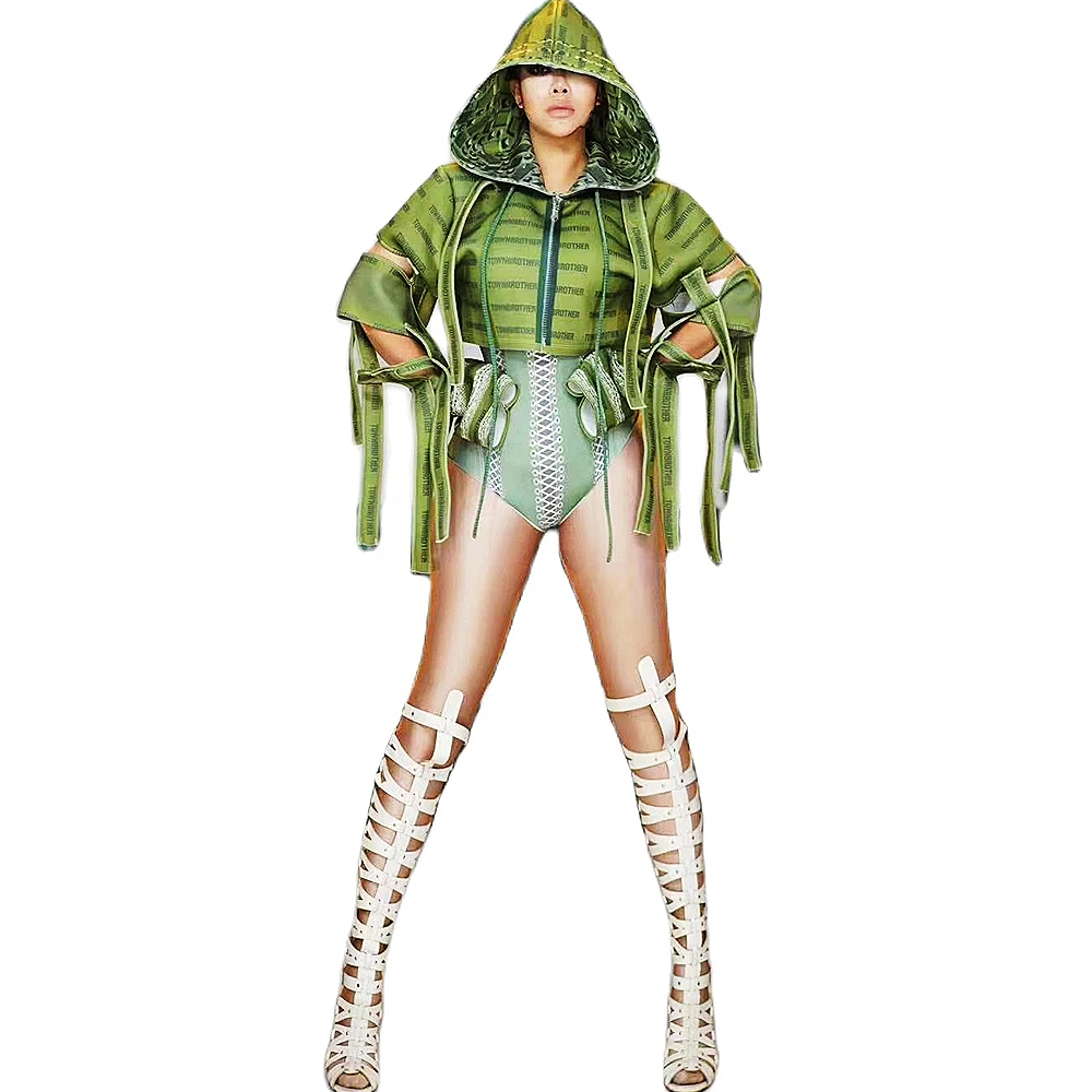 

Fashion Green Women Belt Coat Bodysuits Dance Stage Show Costume Party Nightclub Leotard Rave Clothing Drag Queen Wears