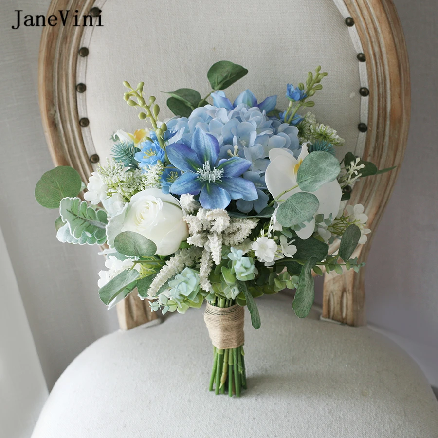 

JaneVini 2023 Elegant Western Bridal Bridesmaid Bouquets Artificial Silk Roses Green Eucalyptus Wedding Bouquet for Bride Blue
