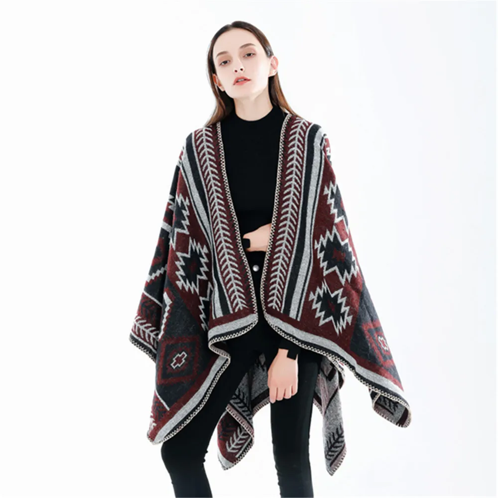 Outstreet Wear Loose Cape Winter Knitted Faux Cashmere Cross Geometric Printed Poncho Cloak Women Split Cardigan Long Blanket