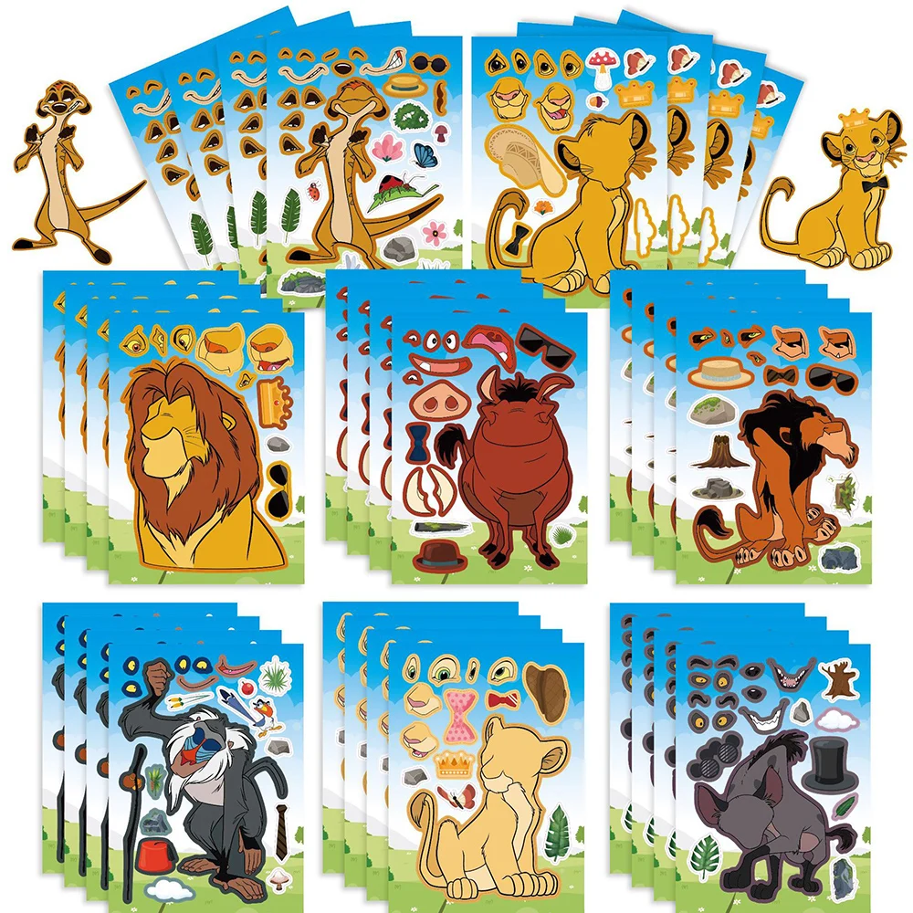 8/16Sheets Disney The Lion King Children Puzzle Stickers Games Make A Face DIY Funny Assemble Jigsaw Sticker Kids Education Toy