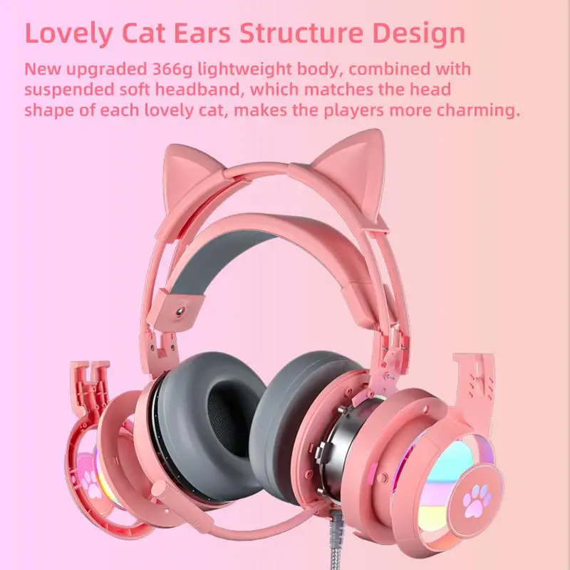 For PS-5 Headphone With Microphone HiFi Stereo Bass Cat Ears Headset Gamer Girls RGB Black Pink Helmet For PC Laptop Phone X-box