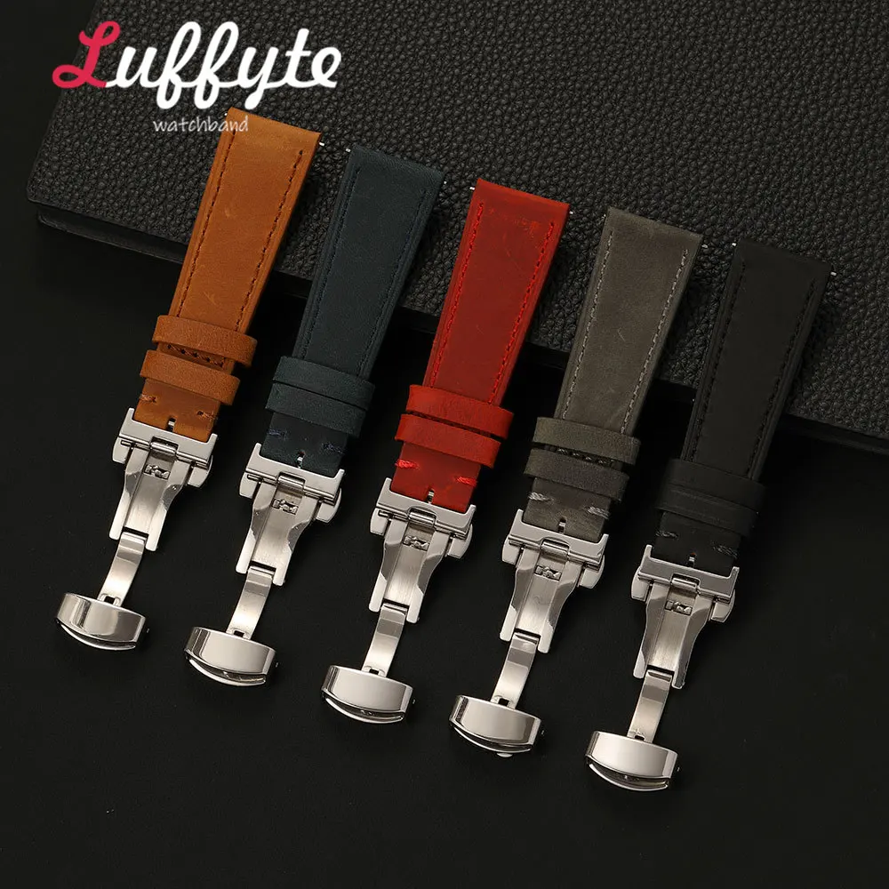 Men's Vintage Crazy Horse Leather Watch Band with Butterfly Buckle