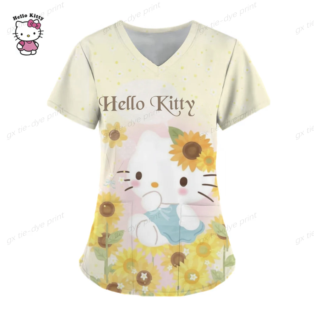 thumbnail image 1 of Camisetas de verano con cuello en V de Hello Kitty, camisetas de hospital para mujer 2023, uniforme de enfermera, ropa de mujer, camisetas con bolsillo, camisetas, 1 of 5