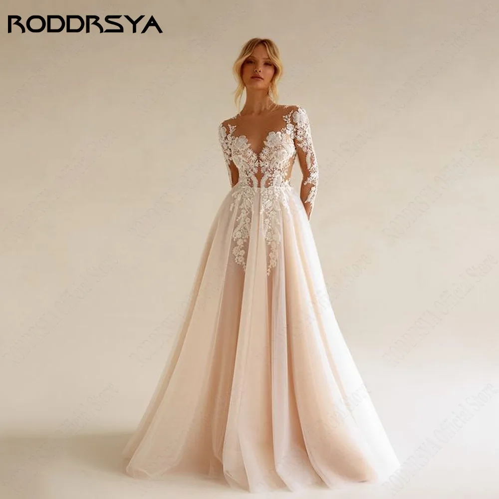 Wedding Dresses Long Sleeves Bohemian Illusion Lace Appliqued Chiffon Bridal Gowns Beach V-Neck A Line Robes De Mariée main image 1